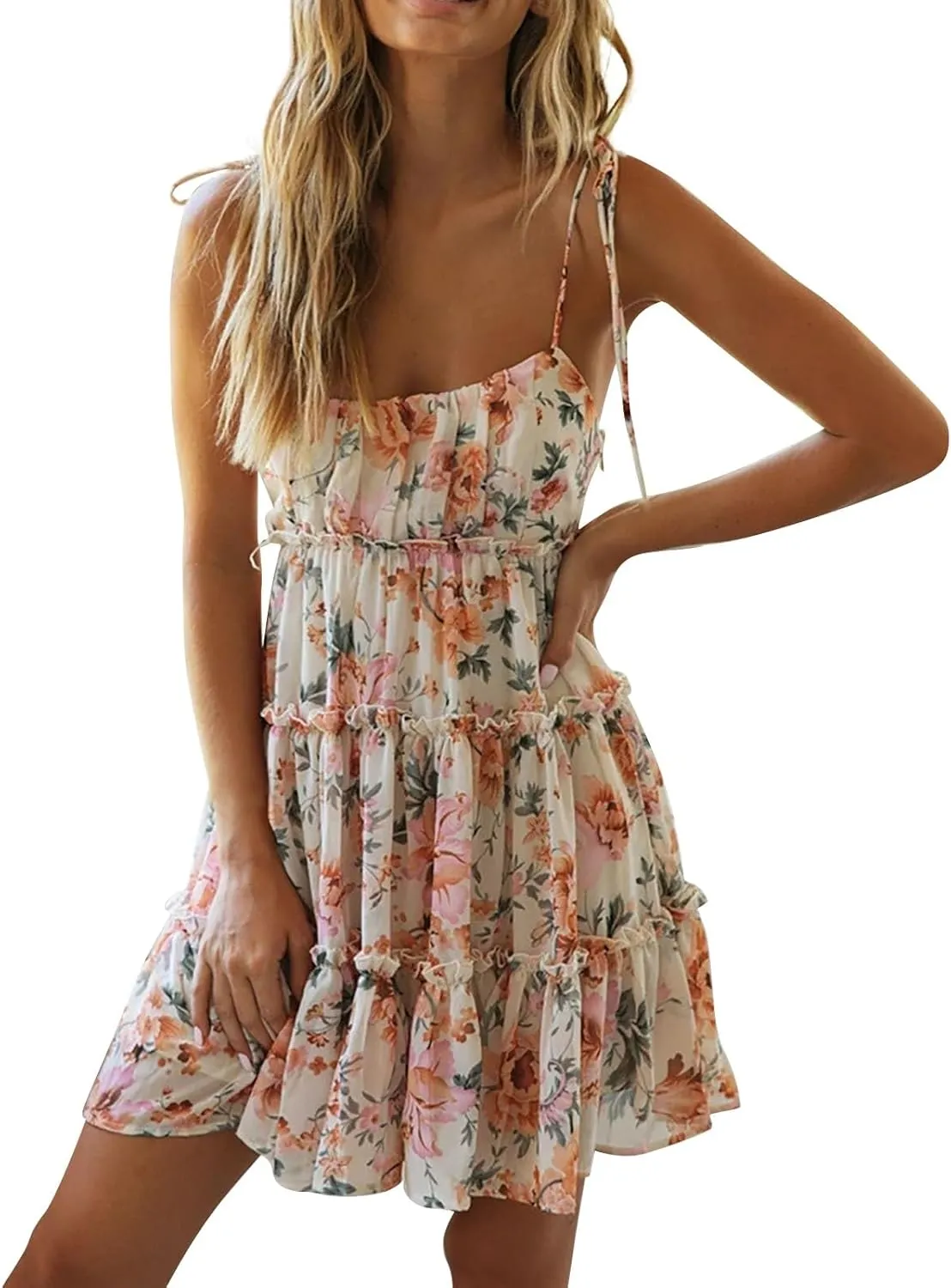 Sundresses for Women 2025 Floral Mini Spaghetti Strap Dresses Beach Boho Cute Tiered Ruffle Halter Cami Dress