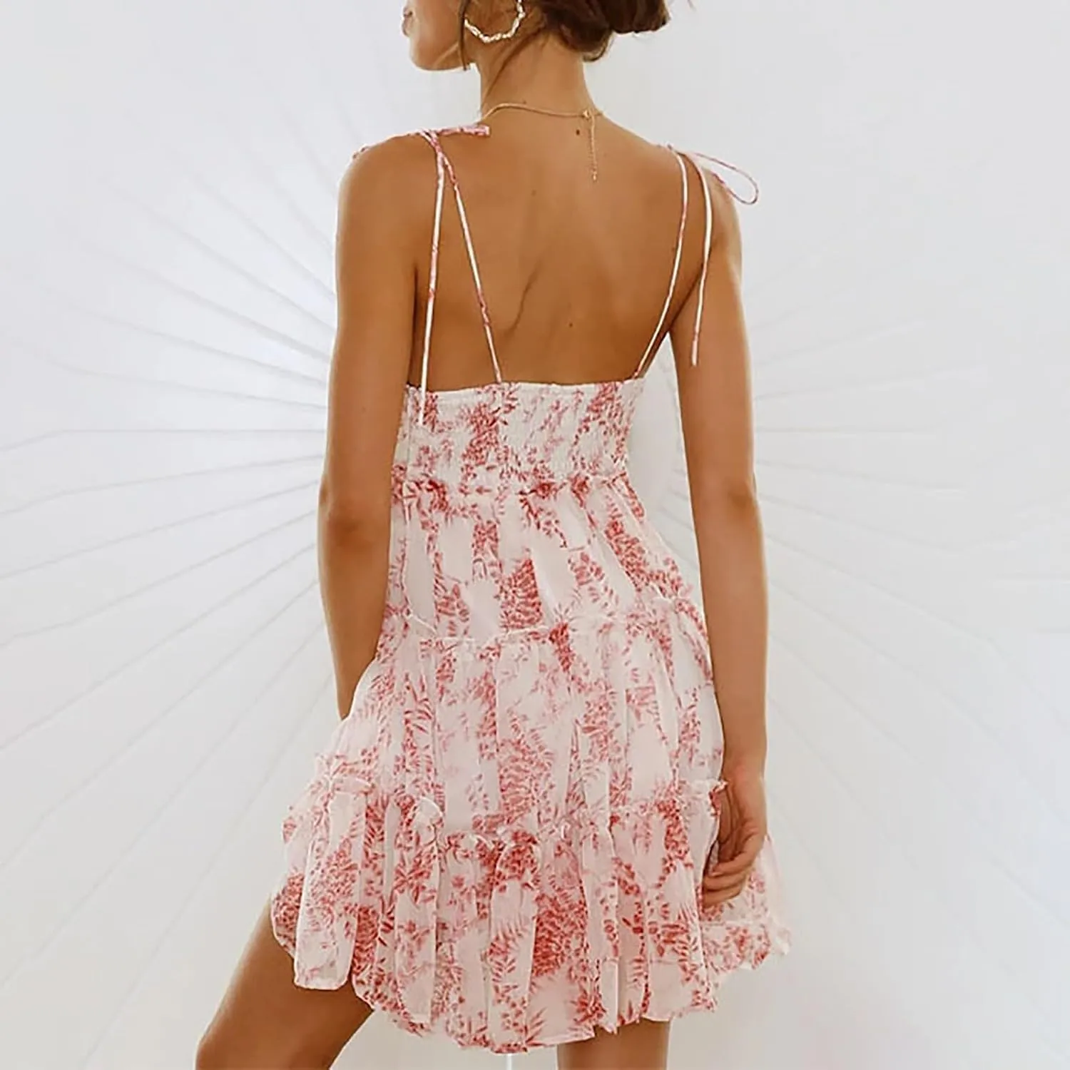 Sundresses for Women 2025 Floral Mini Spaghetti Strap Dresses Beach Boho Cute Tiered Ruffle Halter Cami Dress
