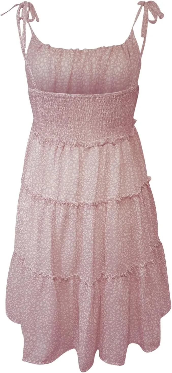 Sundresses for Women 2025 Floral Mini Spaghetti Strap Dresses Beach Boho Cute Tiered Ruffle Halter Cami Dress