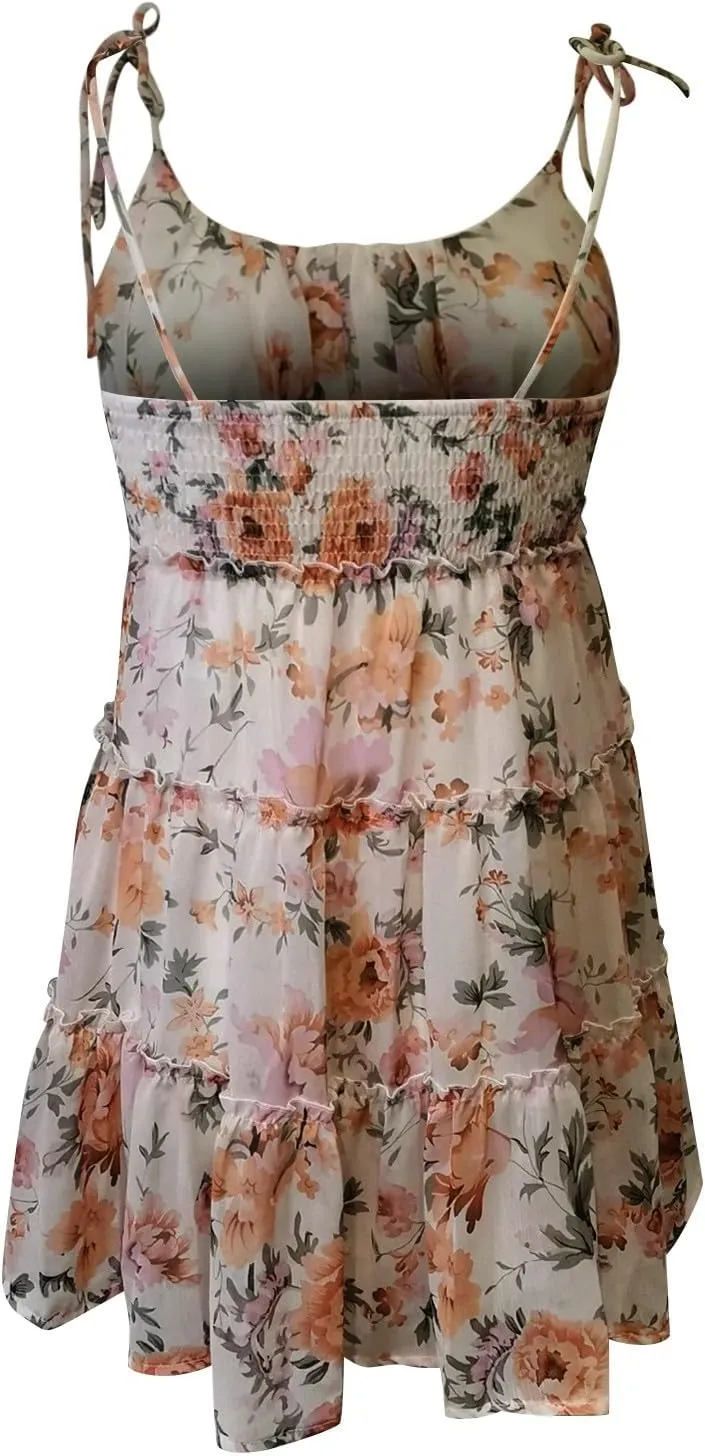 Sundresses for Women 2025 Floral Mini Spaghetti Strap Dresses Beach Boho Cute Tiered Ruffle Halter Cami Dress