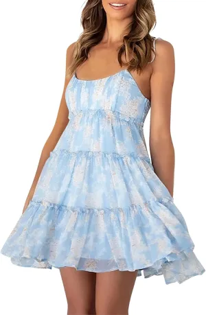 Sundresses for Women 2025 Floral Mini Spaghetti Strap Dresses Beach Boho Cute Tiered Ruffle Halter Cami Dress