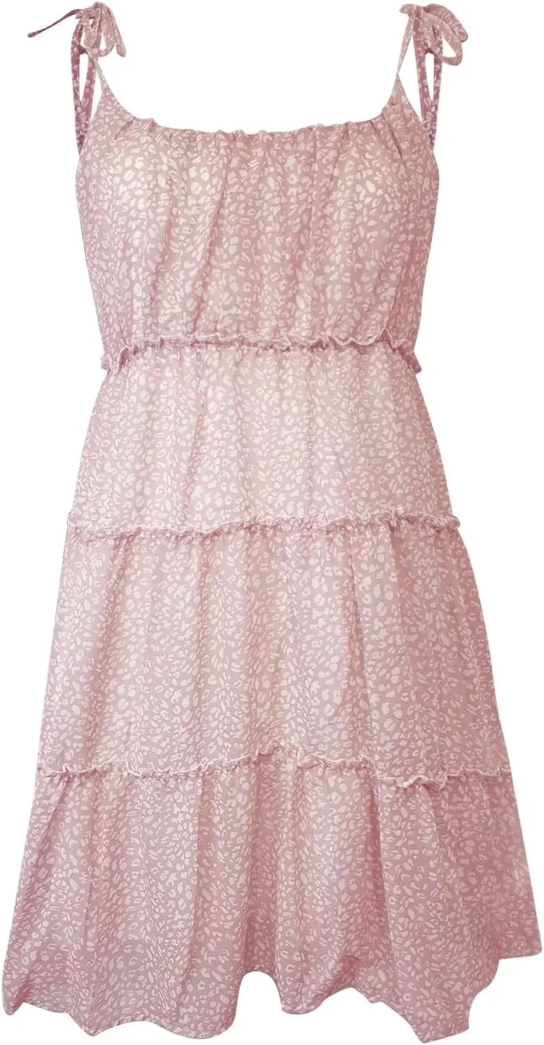 Sundresses for Women 2025 Spaghetti Strap Floral Mini Dress Tiered Ruffle Beach Boho Cute Cami Halter Dresses