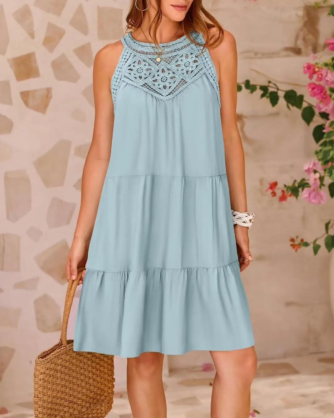 Sundresses for Women's Summer Hollow Out Halter Boho Dresses Casual A-Line Tiered Swing Sundress Beach Vacation Dress 2024
