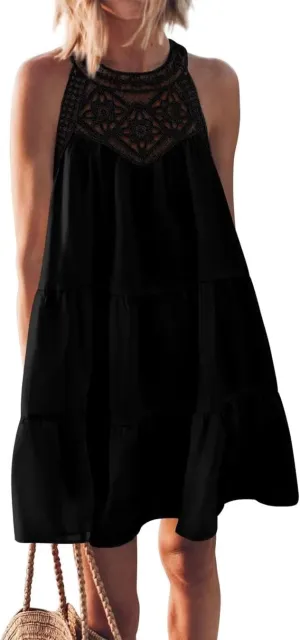 Sundresses for Women's Summer Hollow Out Halter Boho Dresses Casual A-Line Tiered Swing Sundress Beach Vacation Dress 2024