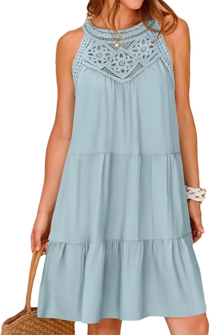 Sundresses for Women's Summer Hollow Out Halter Boho Dresses Casual A-Line Tiered Swing Sundress Beach Vacation Dress 2024