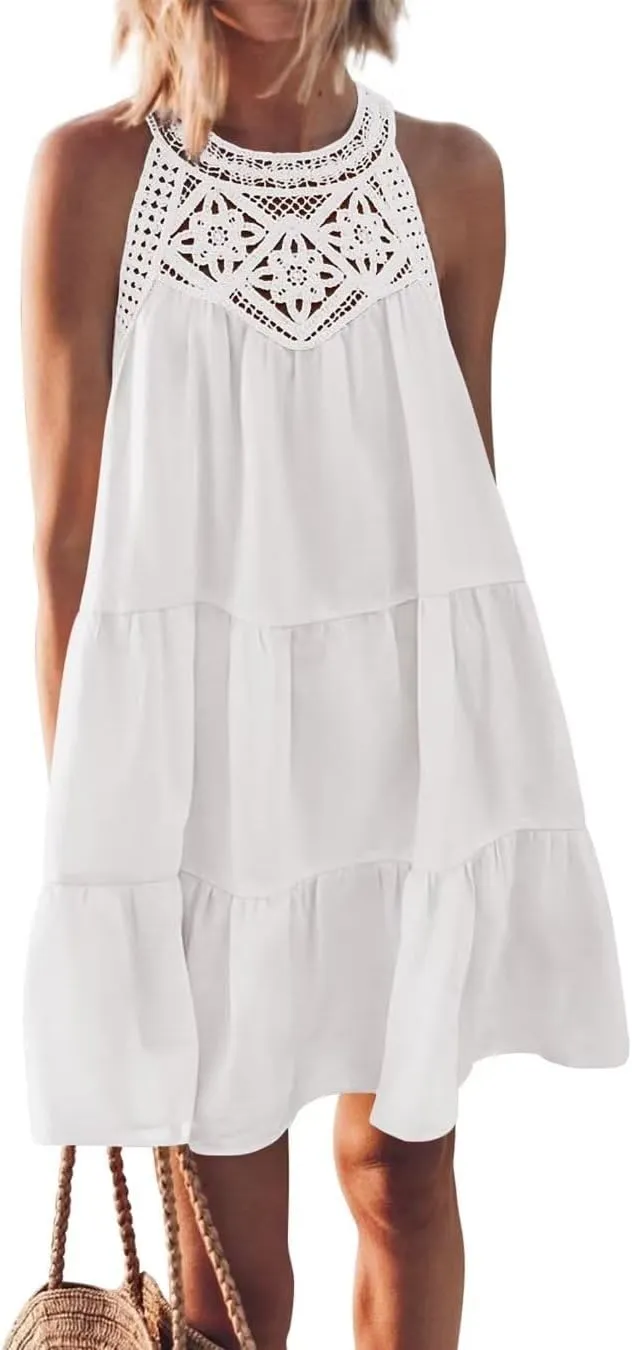 Sundresses for Women's Summer Hollow Out Halter Boho Dresses Casual A-Line Tiered Swing Sundress Beach Vacation Dress 2024