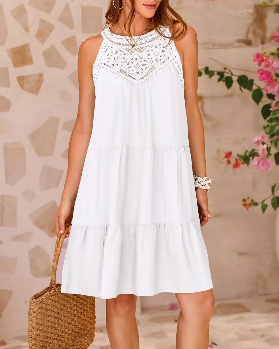 Sundresses for Women's Summer Hollow Out Halter Boho Dresses Casual A-Line Tiered Swing Sundress Beach Vacation Dress 2024