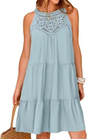 Sundresses for Women's Summer Hollow Out Halter Boho Dresses Casual A-Line Tiered Swing Sundress Beach Vacation Dress 2024