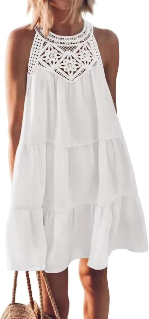 Sundresses for Women's Summer Hollow Out Halter Boho Dresses Casual A-Line Tiered Swing Sundress Beach Vacation Dress 2024