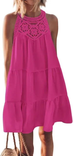 Sundresses for Women's Summer Hollow Out Halter Boho Dresses Casual A-Line Tiered Swing Sundress Beach Vacation Dress 2024