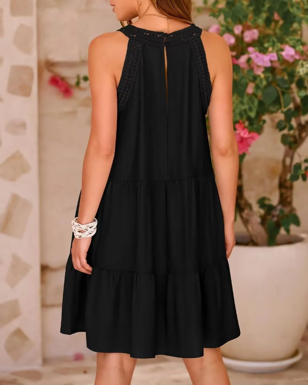Sundresses for Women's Summer Hollow Out Halter Boho Dresses Casual A-Line Tiered Swing Sundress Beach Vacation Dress 2024