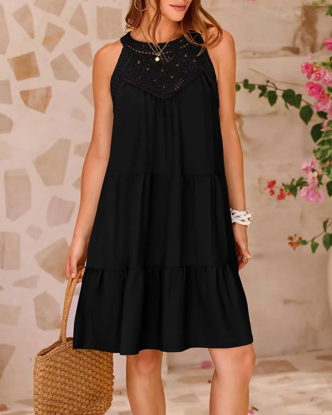 Sundresses for Women's Summer Hollow Out Halter Boho Dresses Casual A-Line Tiered Swing Sundress Beach Vacation Dress 2024