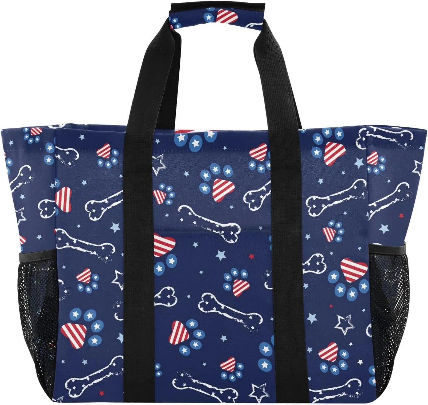 susiyo 4th Of July Paw Print Bone Stars Reusable Grocery Tote Bag Collapsible Canvas Beach Bag Large Travel Bags for Hiking Trip Pool