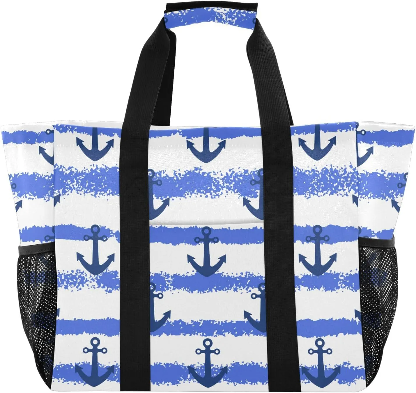 susiyo Anchor Pattern Blue Striped Reusable Grocery Tote Bag Collapsible Canvas Beach Bag Large Travel Bags for Hiking Trip Pool