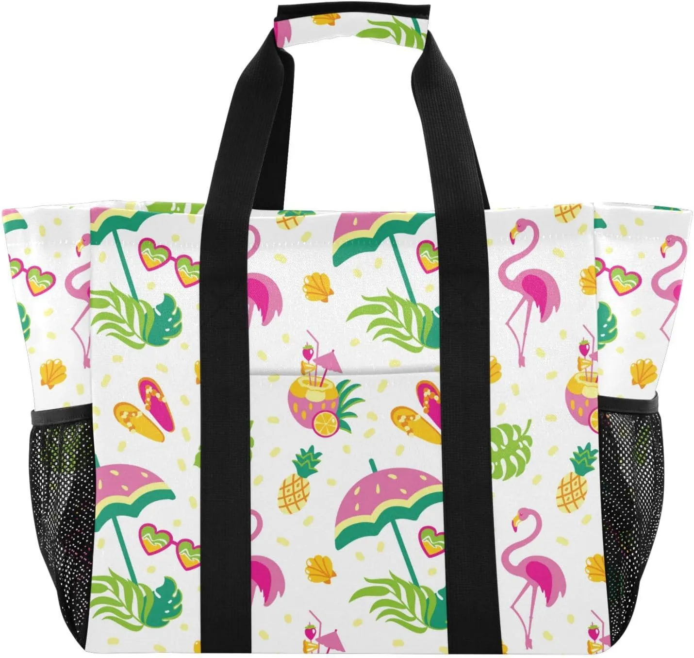 susiyo Beach Tropical Flamingo Leaves Reusable Grocery Tote Bag Collapsible Canvas Beach Bag Large Travel Bags for Hiking Trip Pool