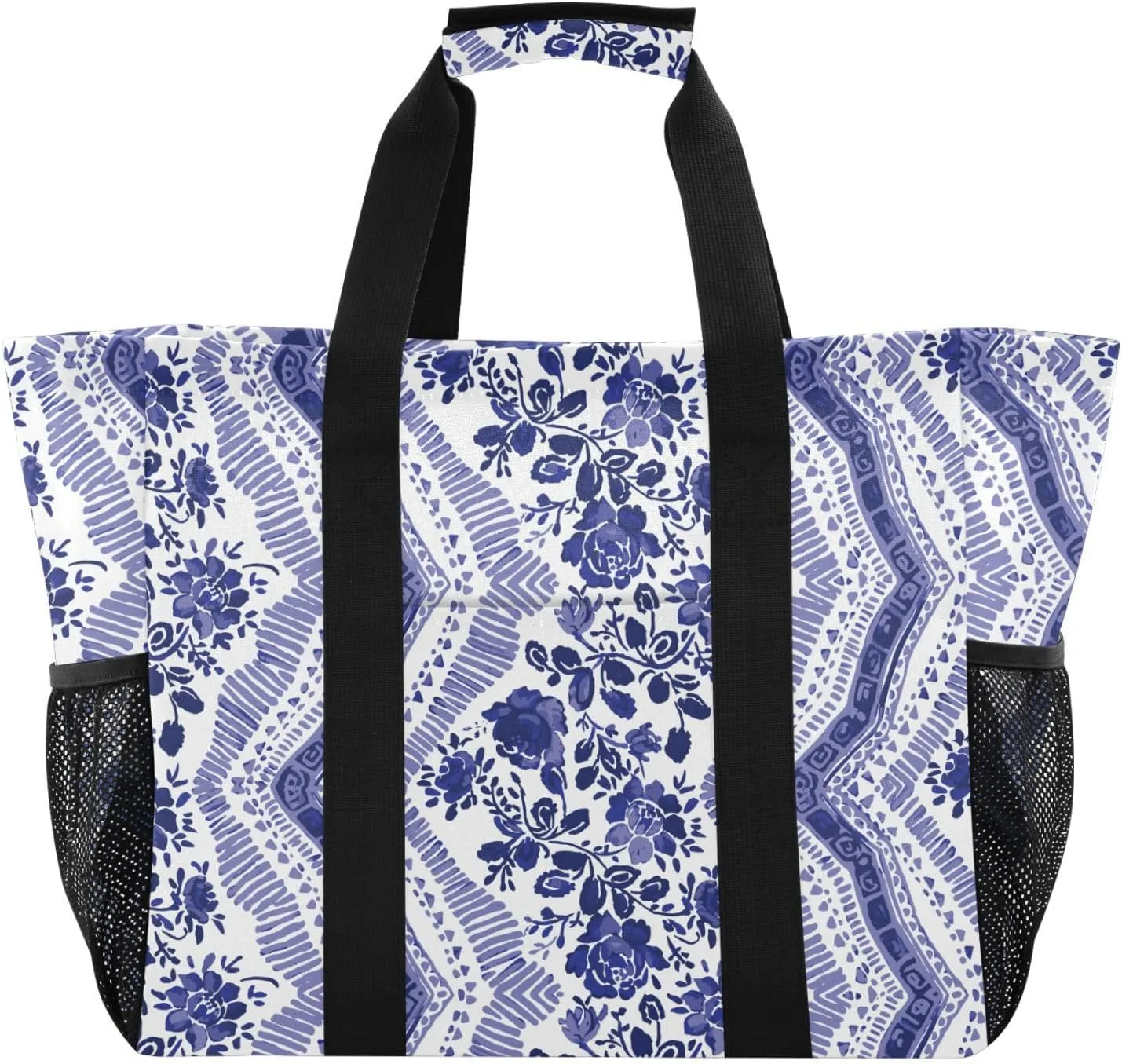 susiyo Blue Floral Bohemian Style Reusable Grocery Tote Bag Collapsible Canvas Beach Bag Large Travel Bags for Hiking Trip Pool