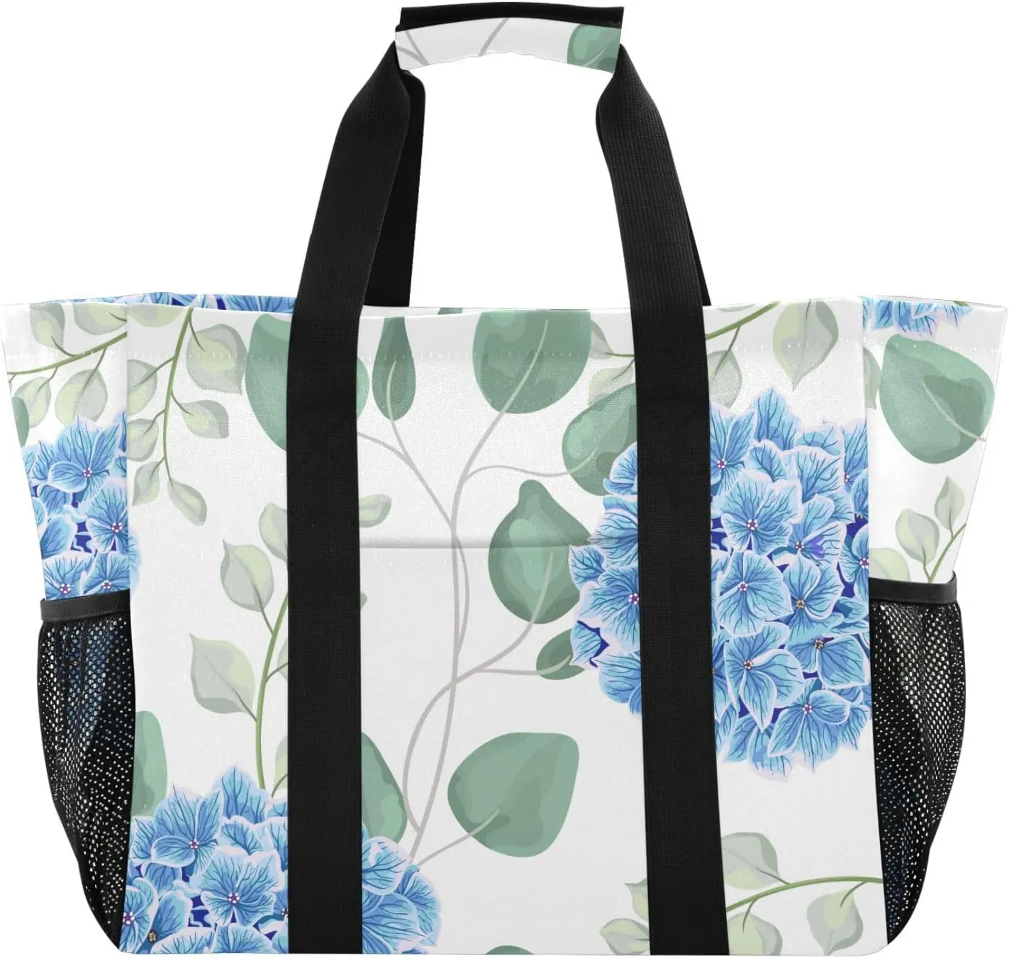 susiyo Blue Hydrangea Flowers and Eucalyptus Reusable Grocery Tote Bag Collapsible Canvas Beach Bag Large Travel Bags for Hiking Trip Pool