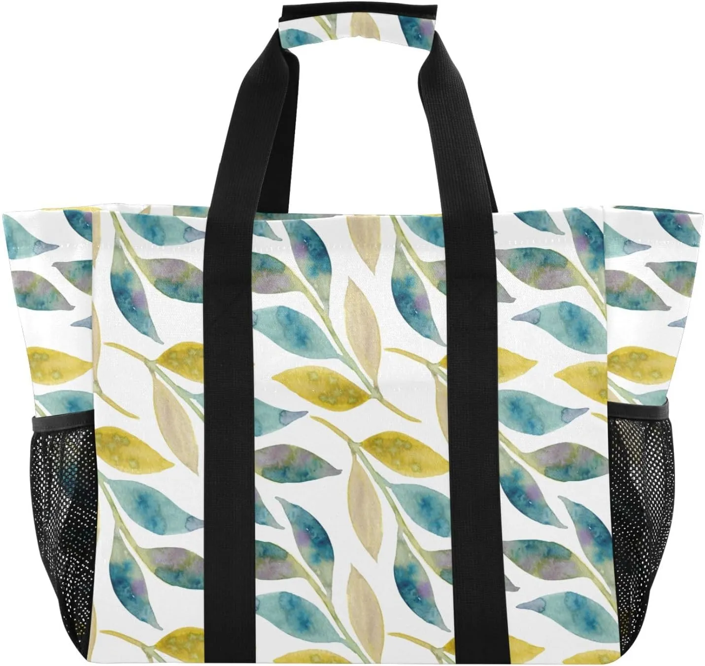 susiyo Blue Yellow Beige Leaves Reusable Grocery Tote Bag Collapsible Canvas Beach Bag Large Travel Bags for Hiking Trip Pool
