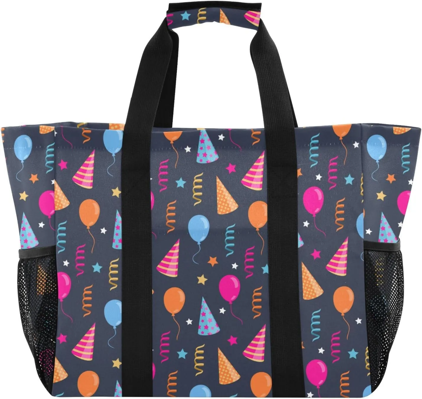 susiyo Colorful Party Hat Balloon Birthday Reusable Grocery Tote Bag Collapsible Canvas Beach Bag Large Travel Bags for Hiking Trip Pool