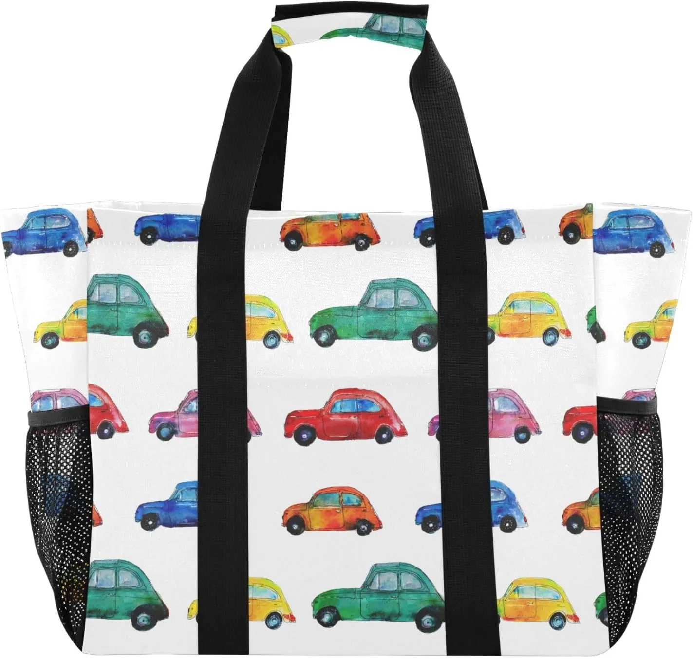 susiyo Cute Colorful Watercolor Cars Reusable Grocery Tote Bag Collapsible Canvas Beach Bag Large Travel Bags for Hiking Trip Pool