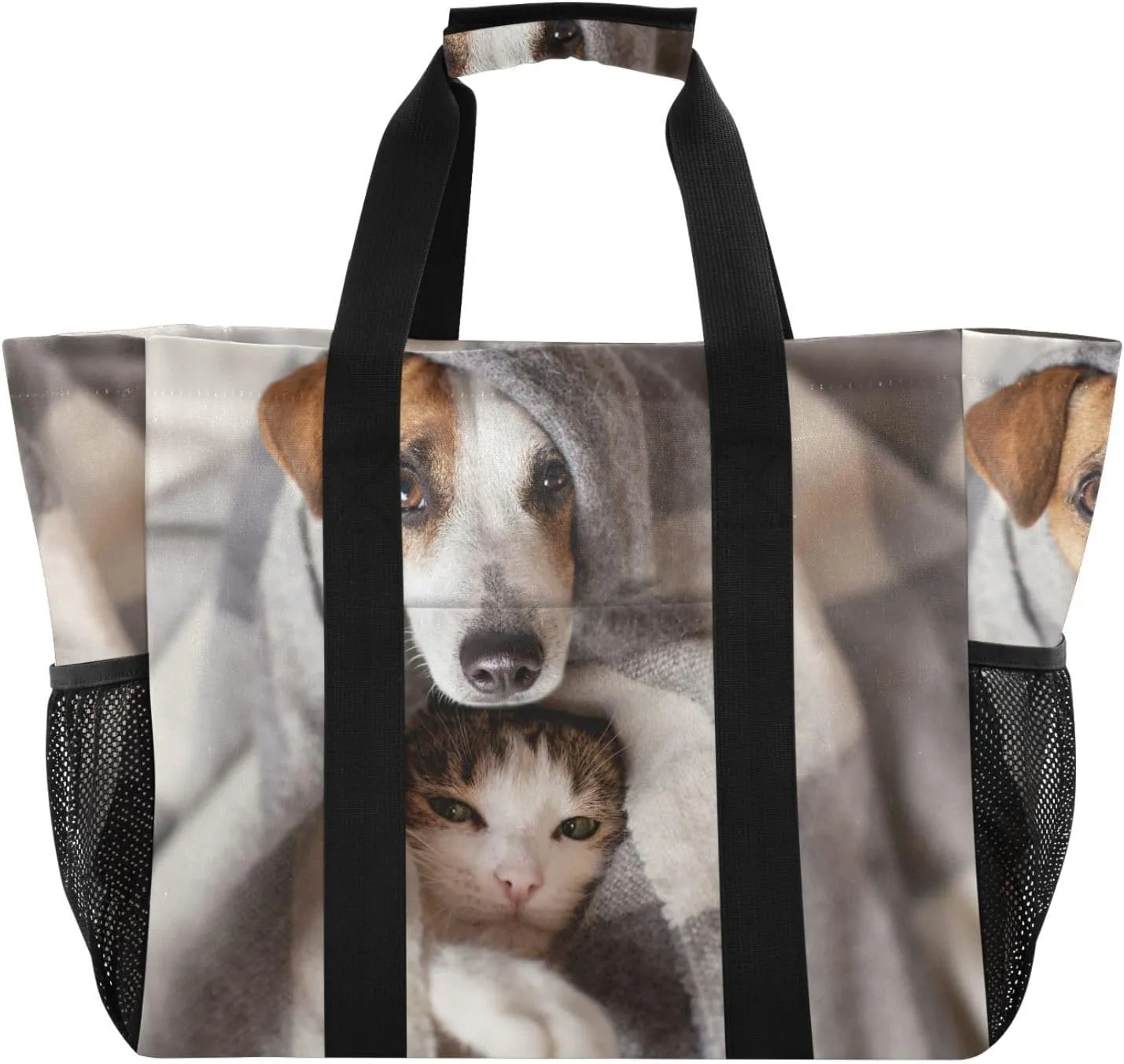 susiyo Dog and Cat under A Plaid Reusable Grocery Tote Bag Collapsible Canvas Beach Bag Large Travel Bags for Hiking Trip Pool