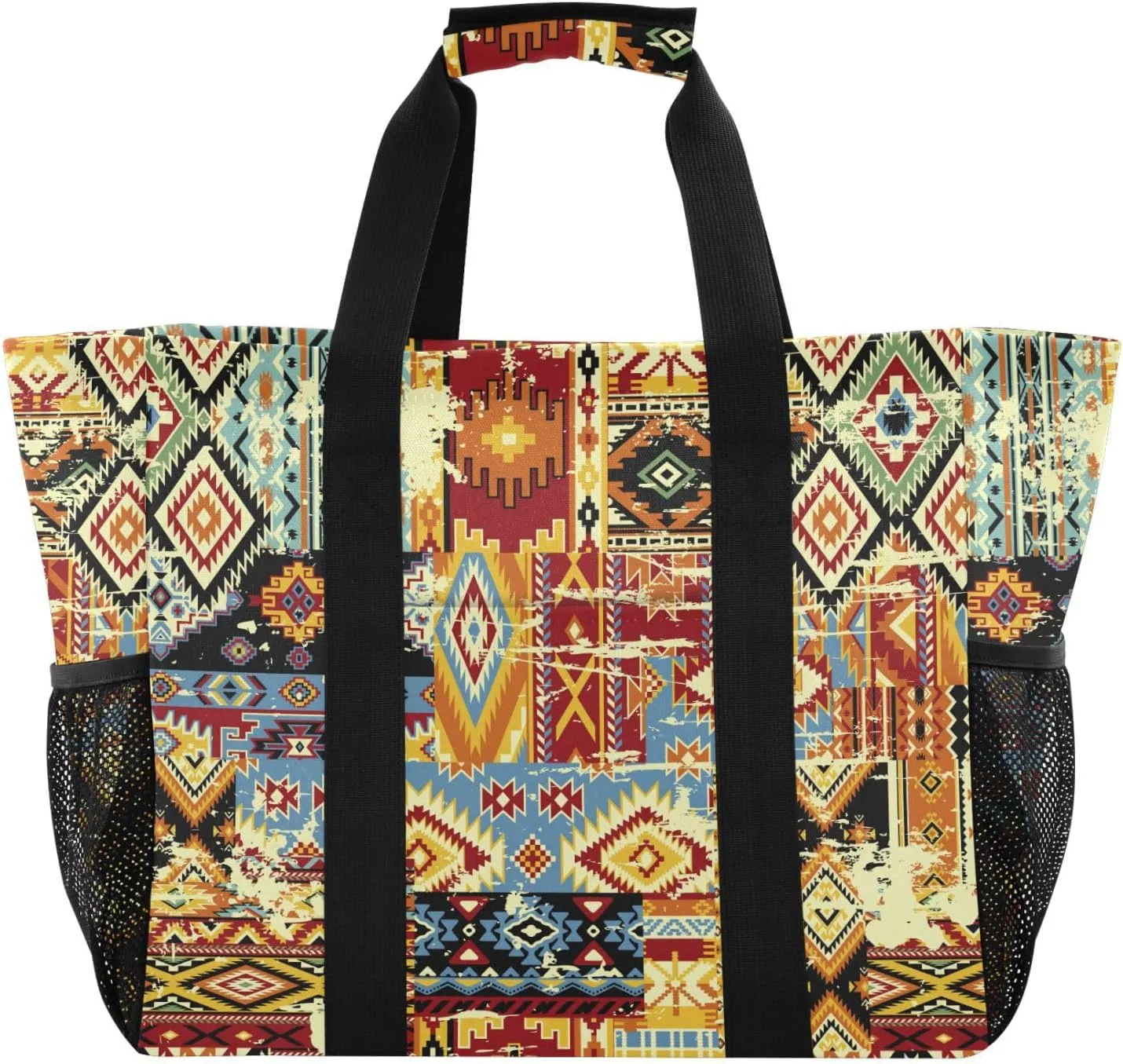 susiyo Ethnic Patchwork Grunge Effect Reusable Grocery Tote Bag Collapsible Canvas Beach Bag Large Travel Bags for Hiking Trip Pool