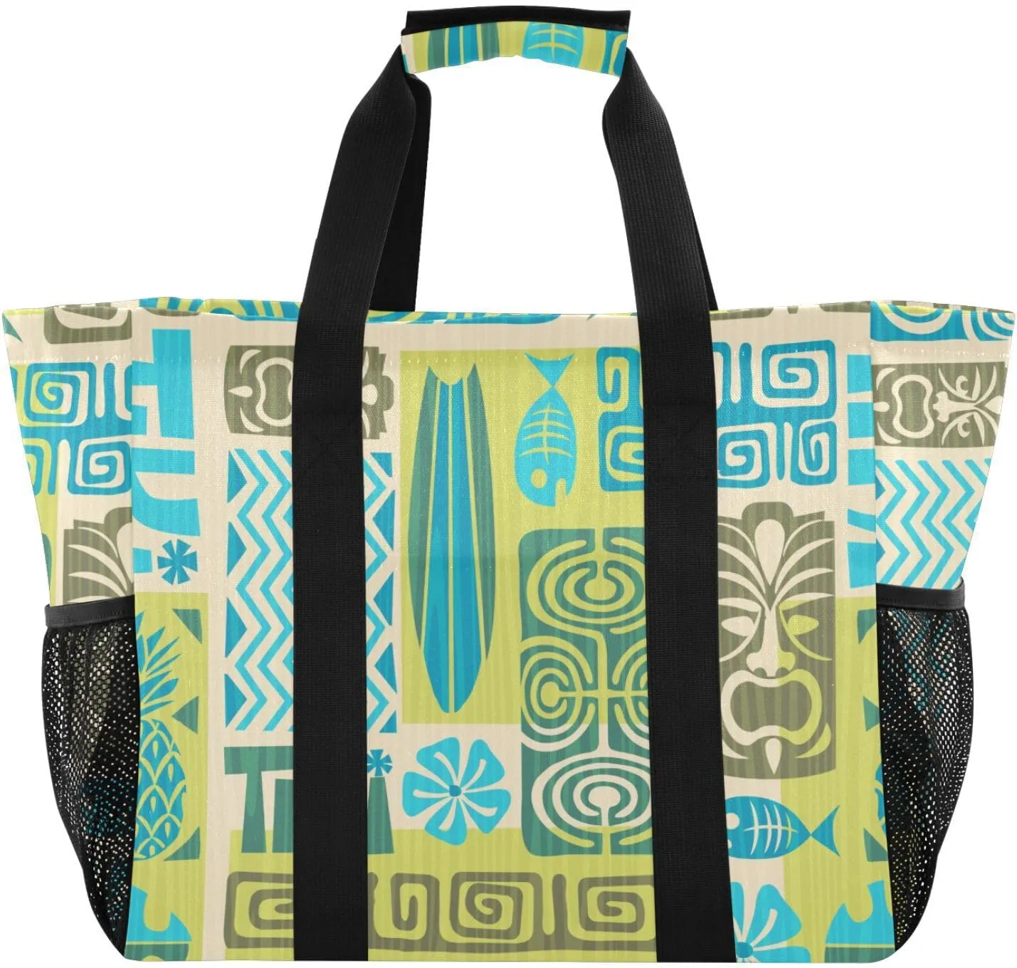susiyo Exotic Tiki Green Pattern Reusable Grocery Tote Bag Collapsible Canvas Beach Bag Large Travel Bags for Hiking Trip Pool