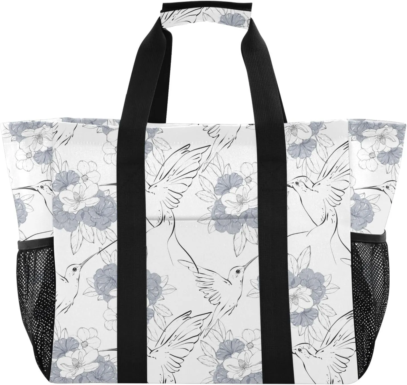 susiyo Flower Bouquet and Hummingbirds Reusable Grocery Tote Bag Collapsible Canvas Beach Bag Large Travel Bags for Hiking Trip Pool
