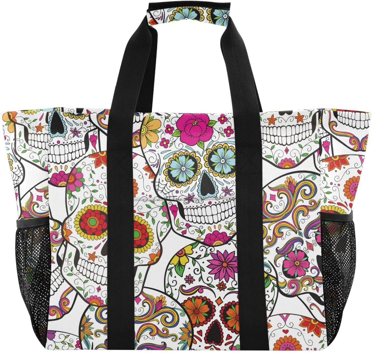susiyo Halloween Skulls with Flowers Reusable Grocery Tote Bag Collapsible Canvas Beach Bag Large Travel Bags for Hiking Trip Pool
