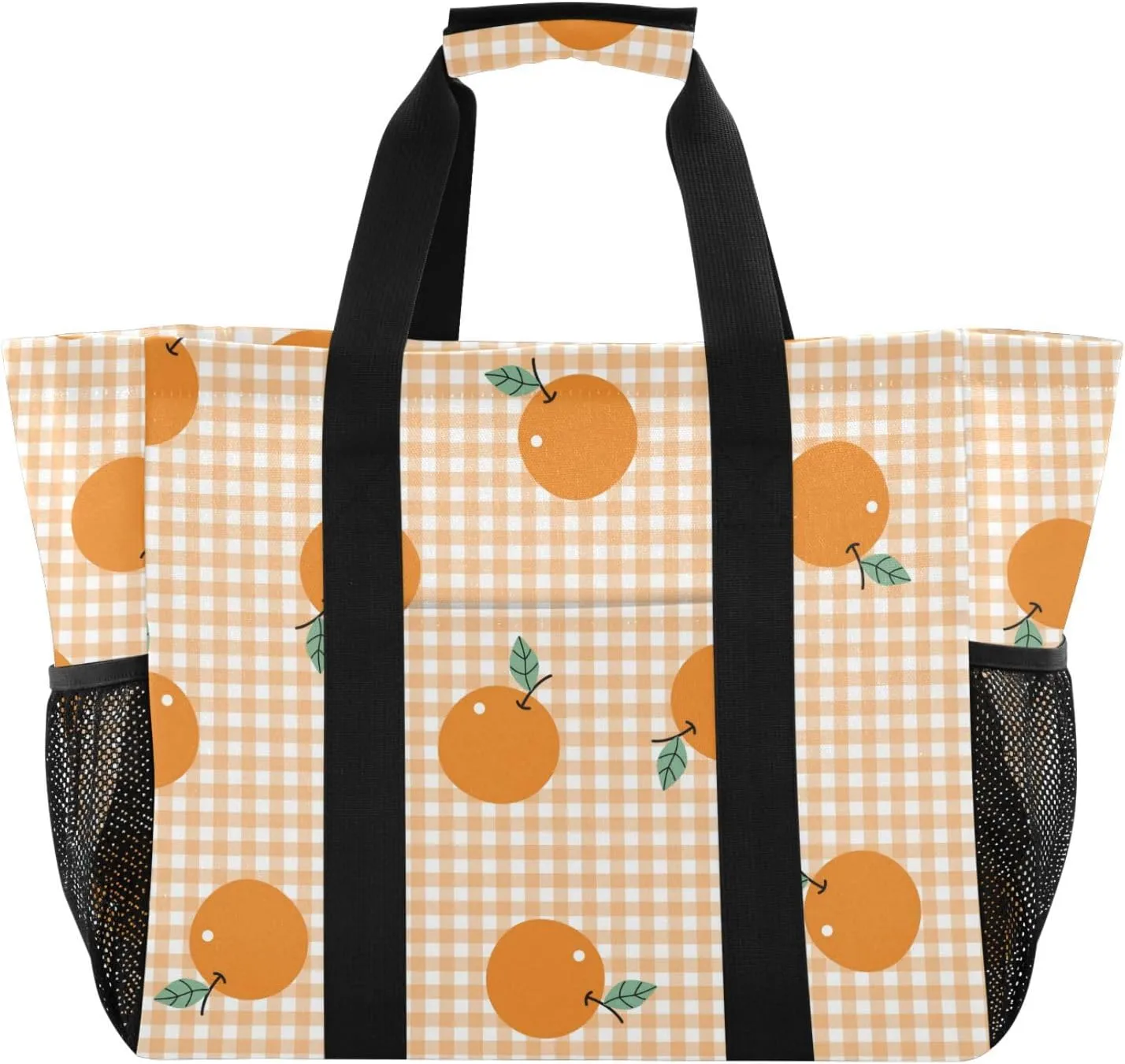 susiyo Orange Fruits Yellow Plaid Reusable Grocery Tote Bag Collapsible Canvas Beach Bag Large Travel Bags for Hiking Trip Pool