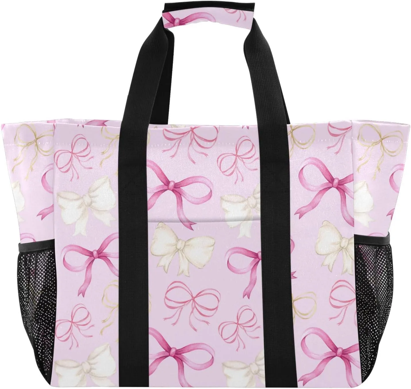 susiyo Pink and White Bow Reusable Grocery Tote Bag Collapsible Canvas Beach Bag Large Travel Bags for Hiking Trip Pool