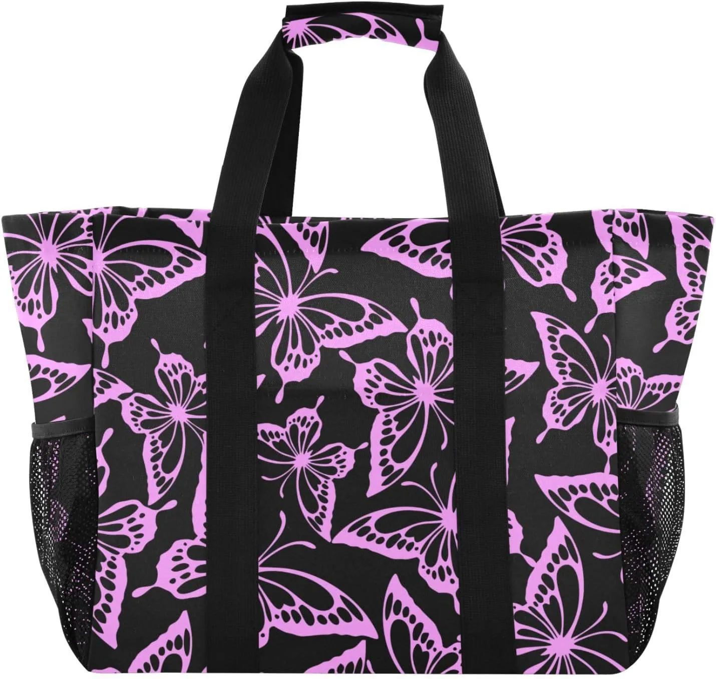 susiyo Pink Butterflies on Black Reusable Grocery Tote Bag Collapsible Canvas Beach Bag Large Travel Bags for Hiking Trip Pool