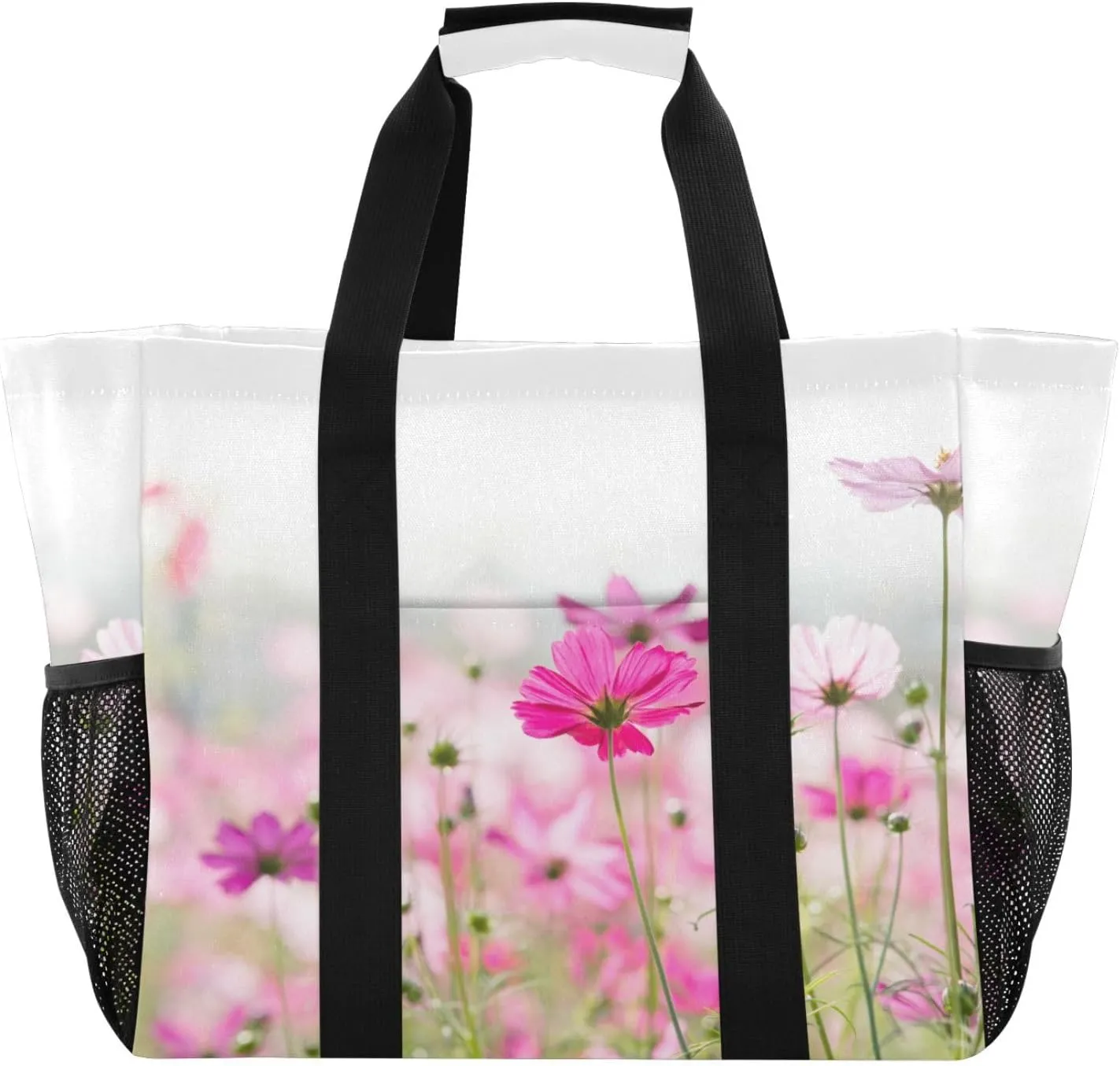 susiyo Pink Cosmos Flowers Reusable Grocery Tote Bag Collapsible Canvas Beach Bag Large Travel Bags for Hiking Trip Pool