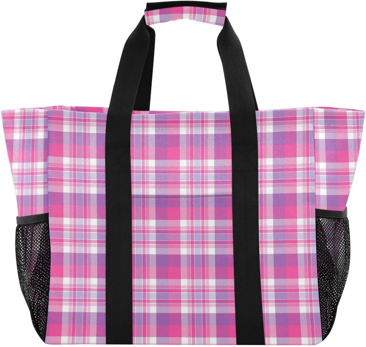susiyo Pink Plaid Checkered Reusable Grocery Tote Bag Collapsible Canvas Beach Bag Large Travel Bags for Hiking Trip Pool