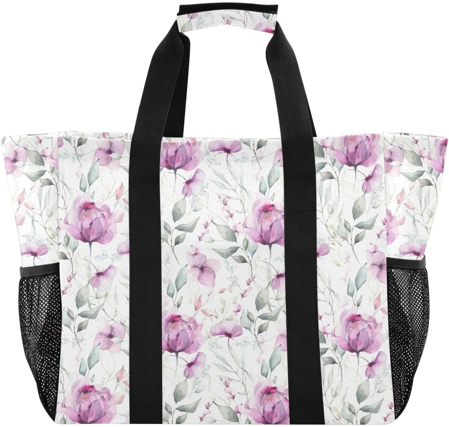 susiyo Pink Purple Flowers Leaves Reusable Grocery Tote Bag Collapsible Canvas Beach Bag Large Travel Bags for Hiking Trip Pool