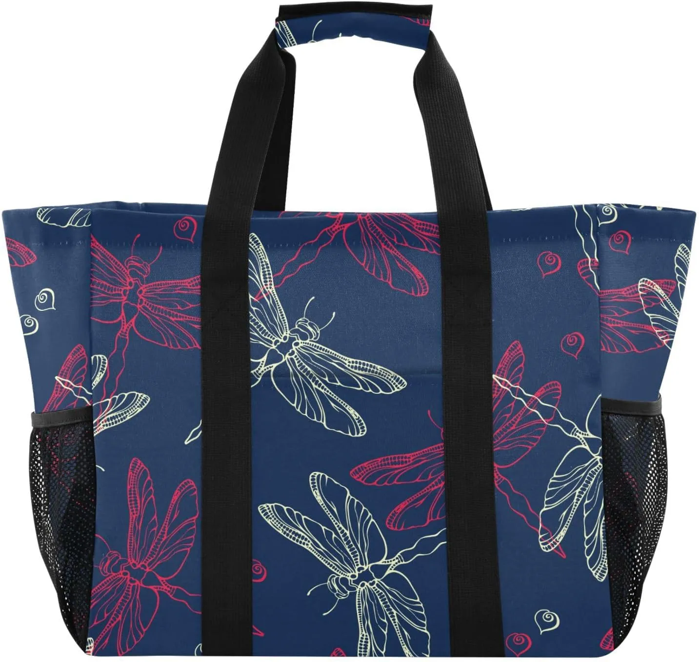 susiyo Red Dragonflies on Blue Reusable Grocery Tote Bag Collapsible Canvas Beach Bag Large Travel Bags for Hiking Trip Pool