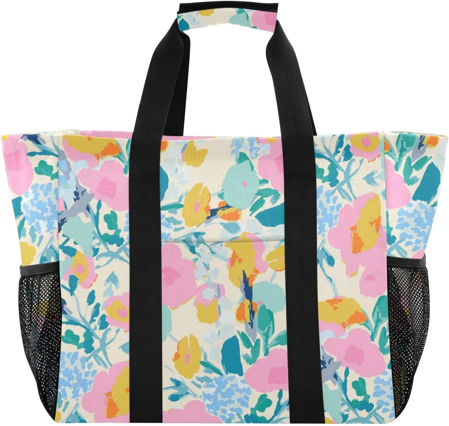 susiyo Spring Bright Colored Abstract Floral Reusable Grocery Tote Bag Collapsible Canvas Beach Bag Large Travel Bags for Hiking Trip Pool
