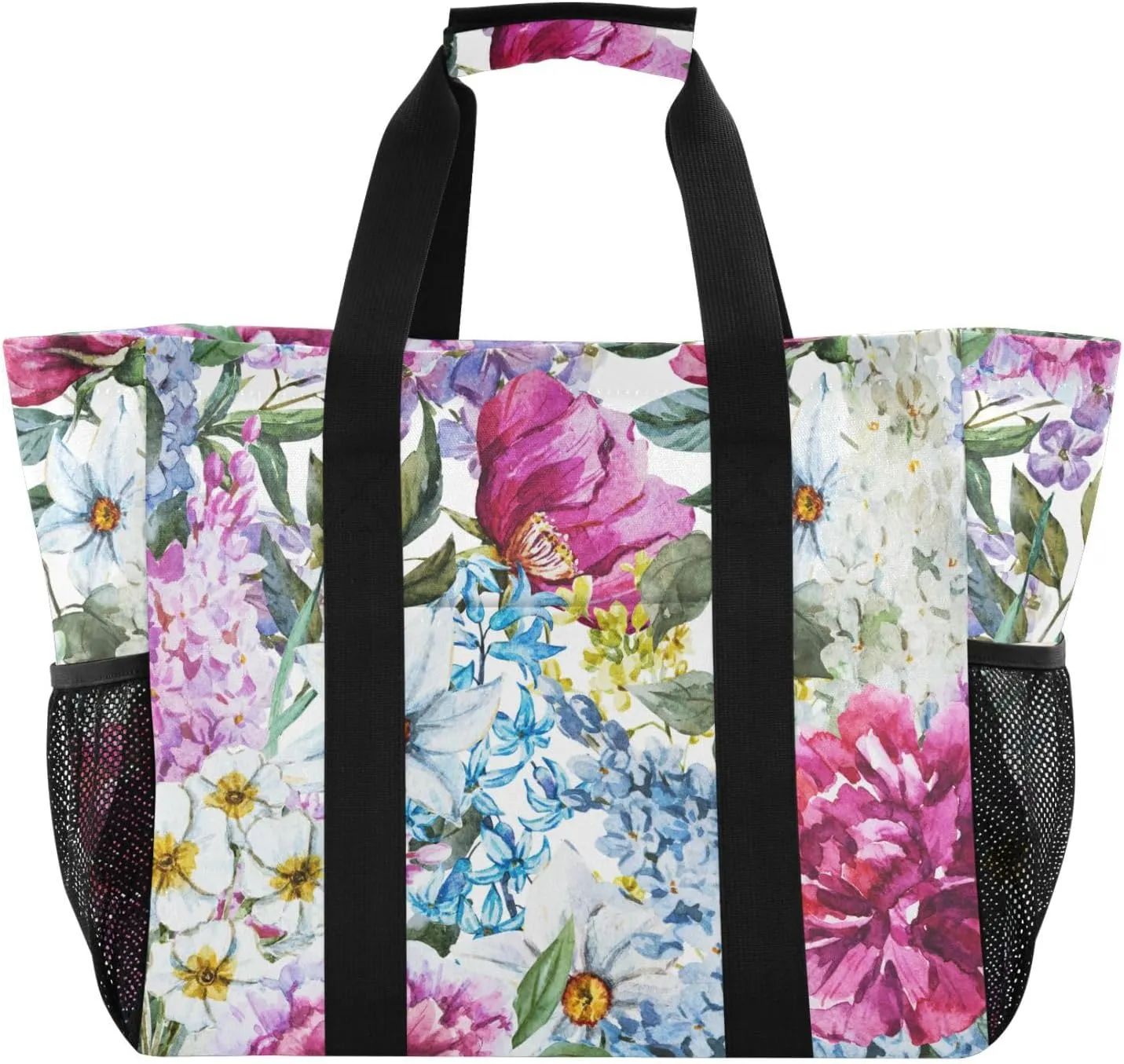 susiyo Spring Flowers Peony Lilac Reusable Grocery Tote Bag Collapsible Canvas Beach Bag Large Travel Bags for Hiking Trip Pool