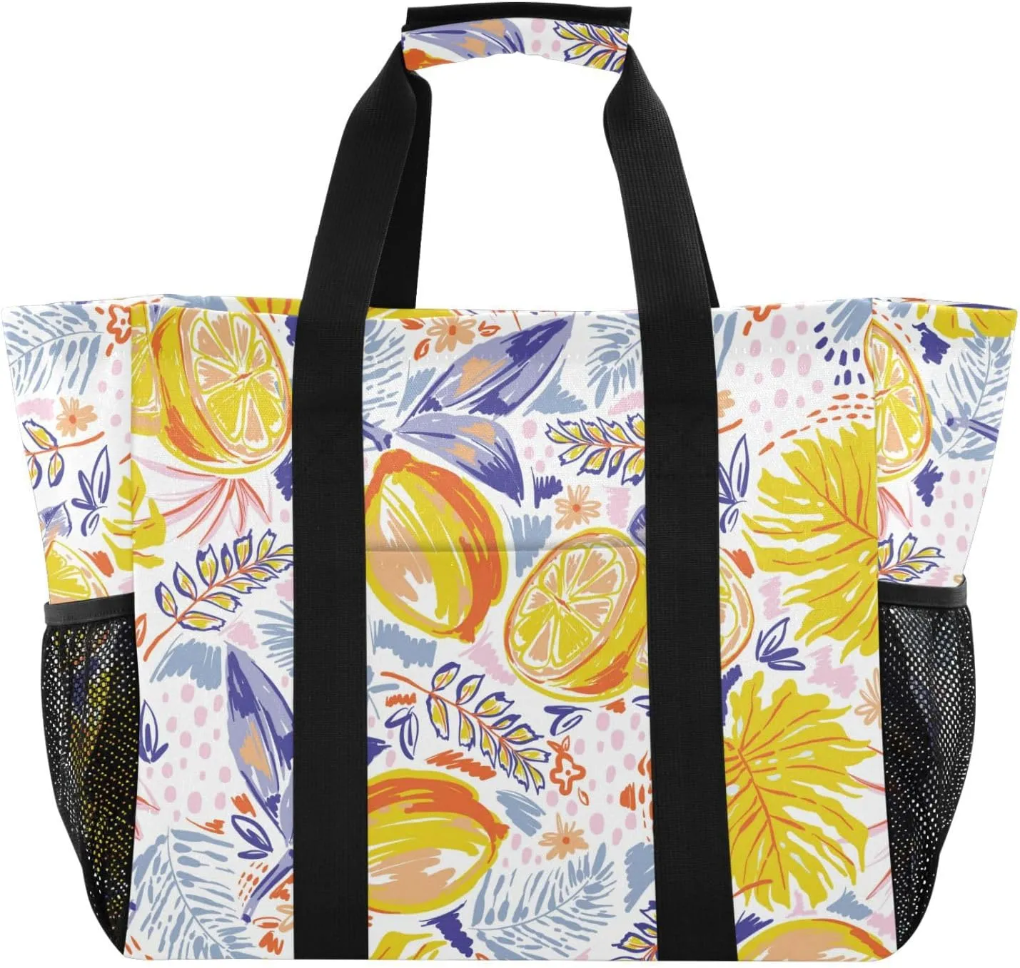 susiyo Summer Fruits Lemon and Leaves Reusable Grocery Tote Bag Collapsible Canvas Beach Bag Large Travel Bags for Hiking Trip Pool