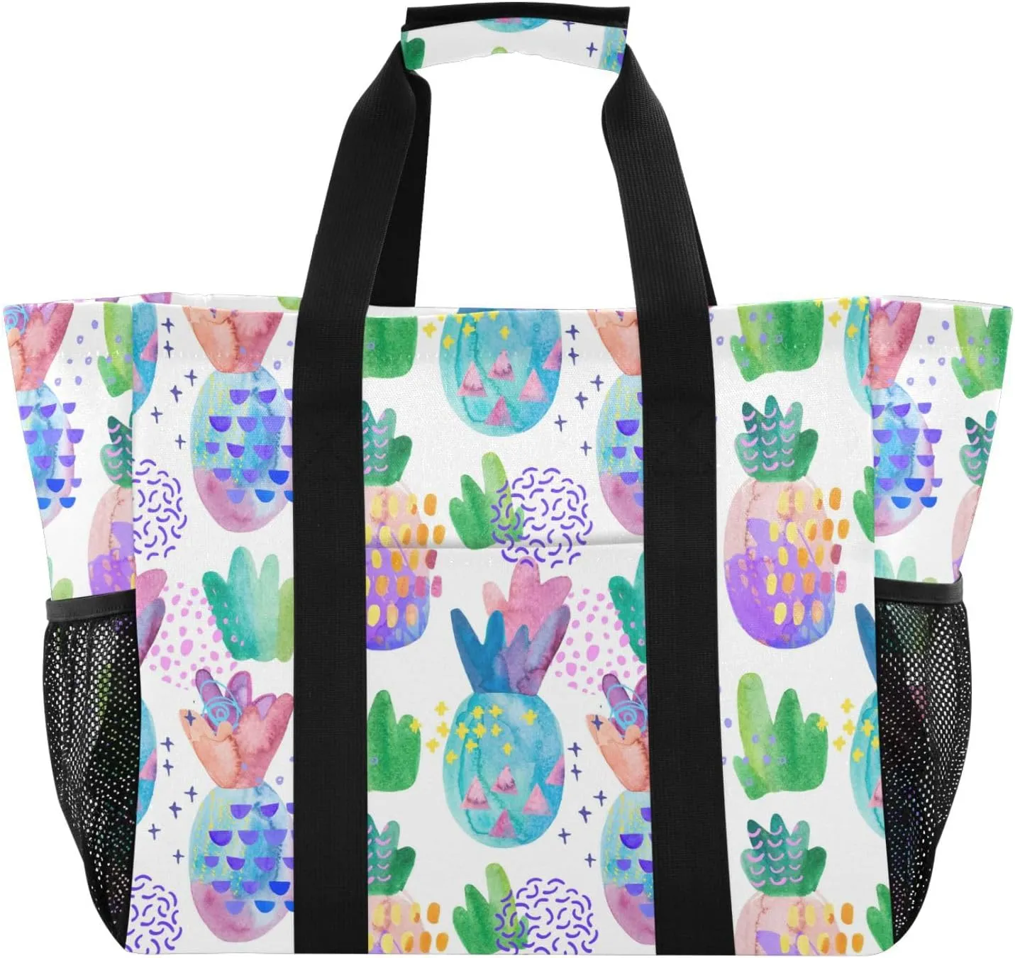 susiyo Summer Watercolor Colorful Pineapples Reusable Grocery Tote Bag Collapsible Canvas Beach Bag Large Travel Bags for Hiking Trip Pool
