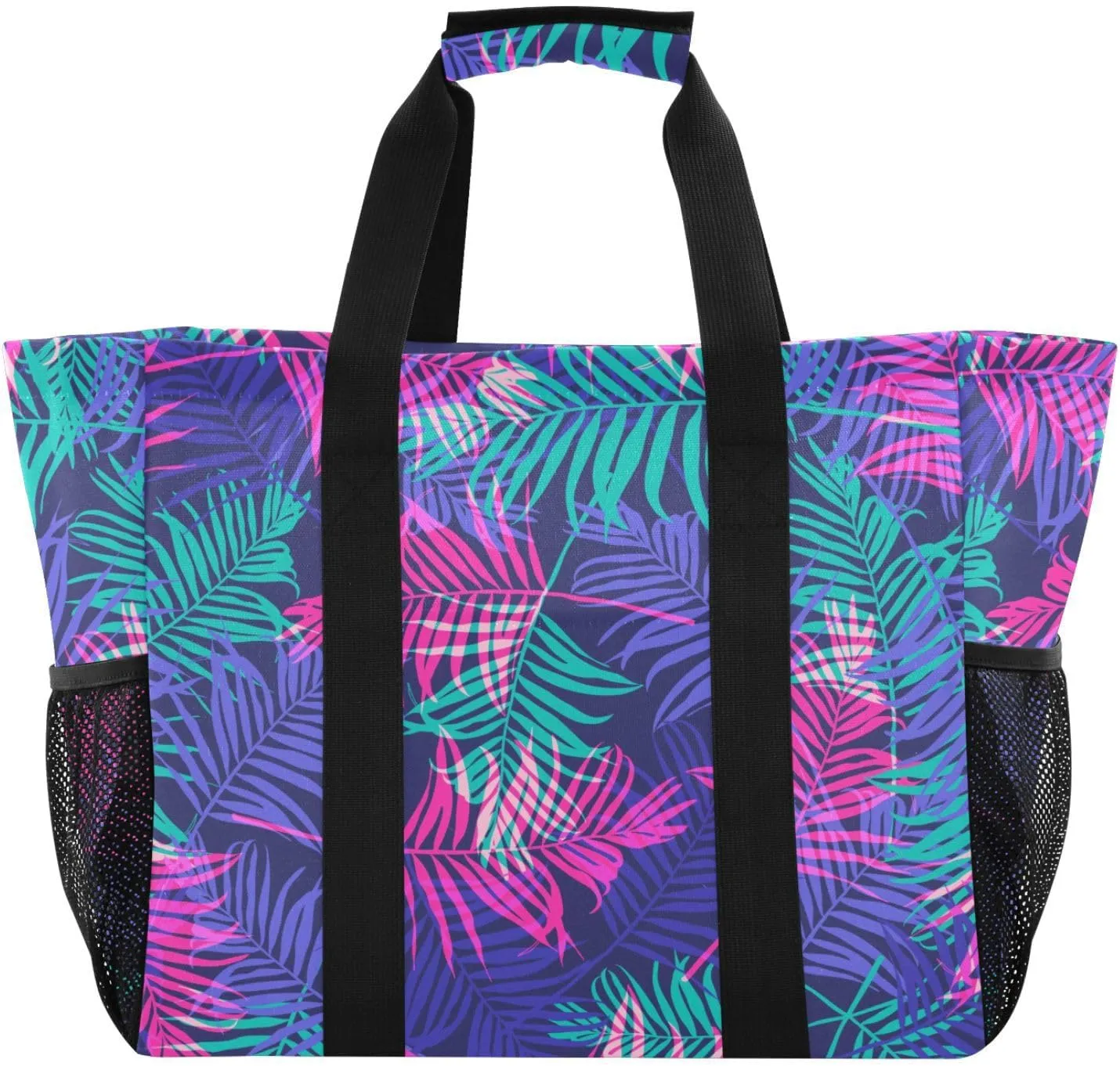 susiyo Tropical Neon Colored Palm Leaves Reusable Grocery Tote Bag Collapsible Canvas Beach Bag Large Travel Bags for Hiking Trip Pool