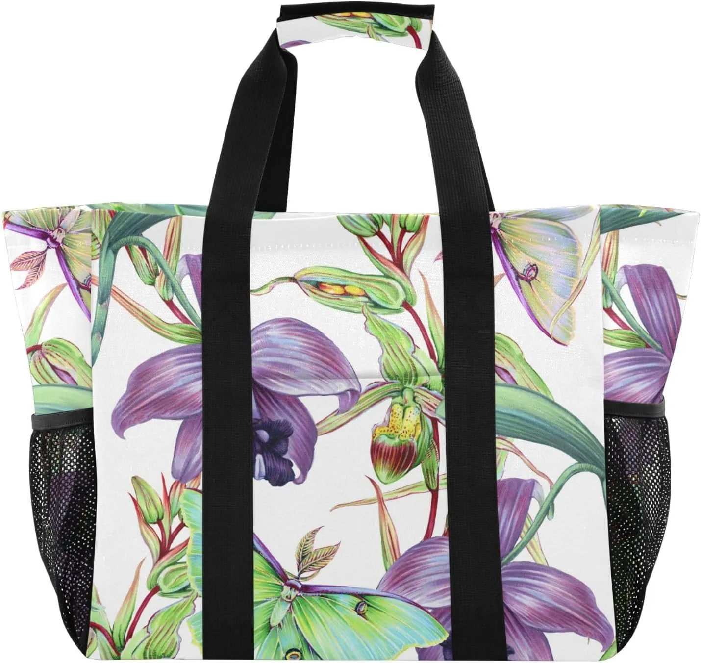 susiyo Tropical Orchid Flower Butterflies Reusable Grocery Tote Bag Collapsible Canvas Beach Bag Large Travel Bags for Hiking Trip Pool
