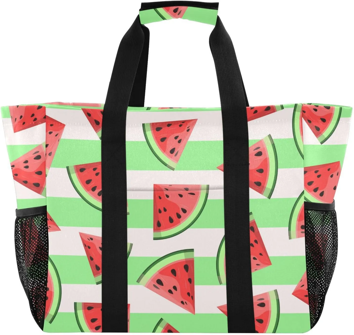 susiyo Watermelon Fruits on Green Stripes Reusable Grocery Tote Bag Collapsible Canvas Beach Bag Large Travel Bags for Hiking Trip Pool