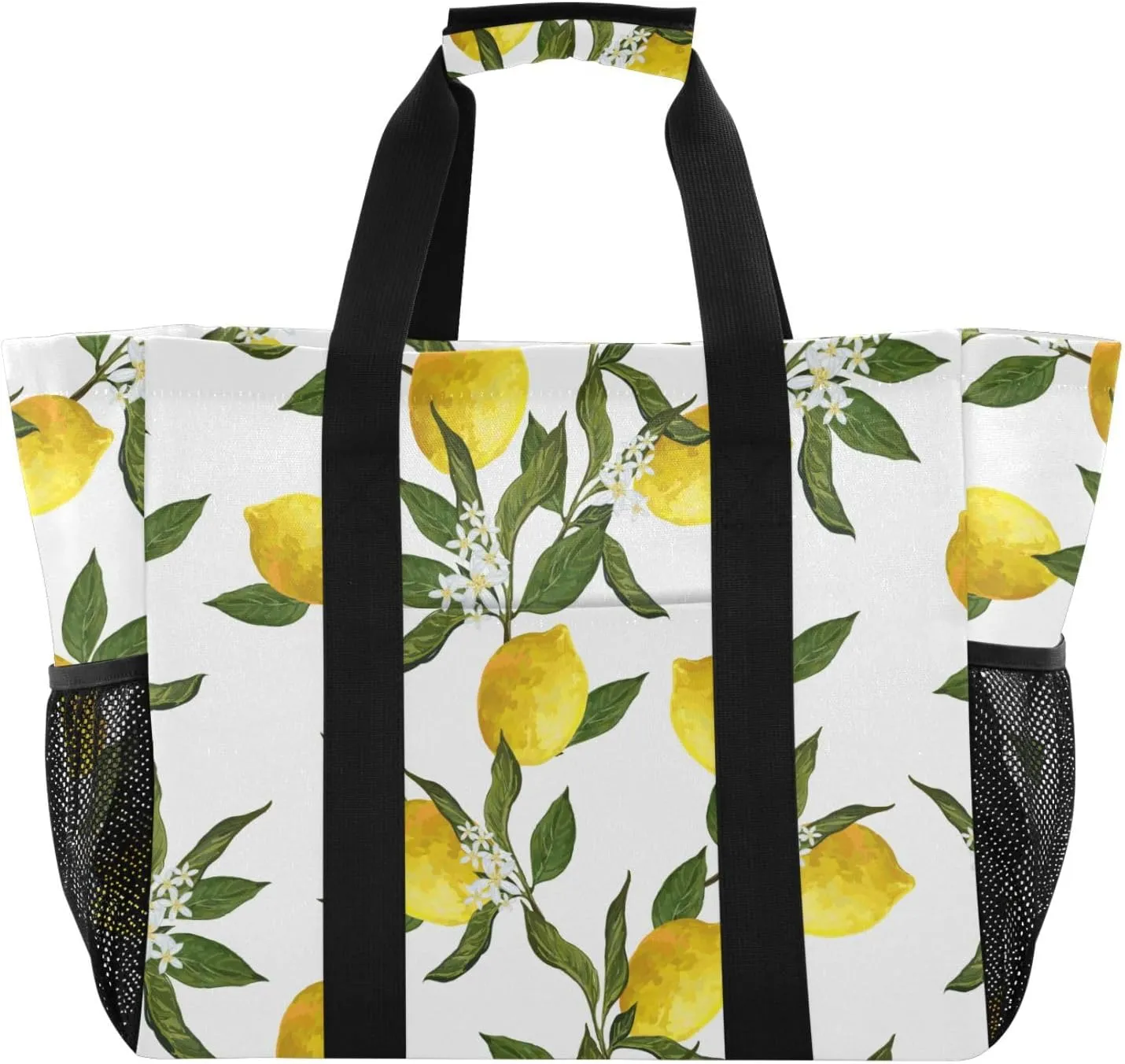 susiyo Yellow Lemon Flowers Leaves Reusable Grocery Tote Bag Collapsible Canvas Beach Bag Large Travel Bags for Hiking Trip Pool