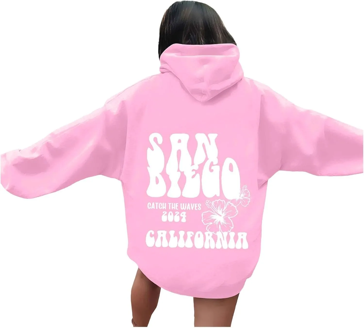 Sweatshirts for Women San Diego California Print Sweatshirt Womens Oversized Hoodies Long Sleeve Tops Pullover Drawstring Fall Y2k Clothes Hoodies for Teen Girls Pink Small