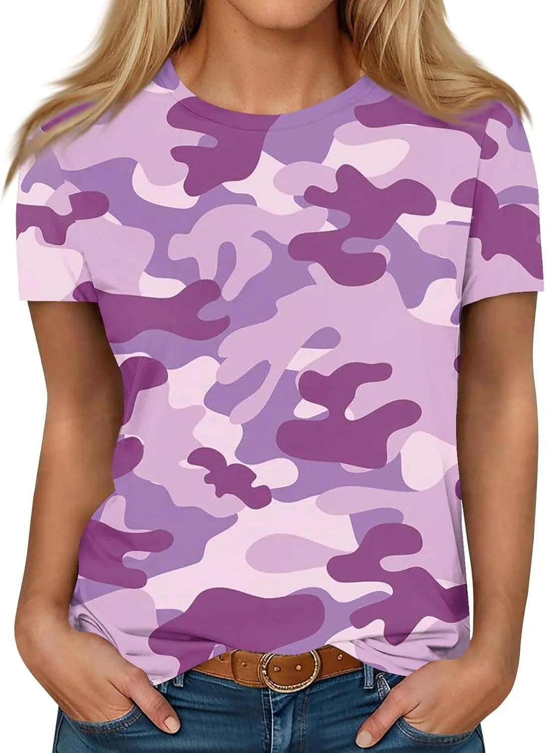 T Shirts for Women Camouflage Print Cute Going Out Tops Short Sleeve Crew Neck Shirts Blouses Casual Clothes Trendy S-5xl