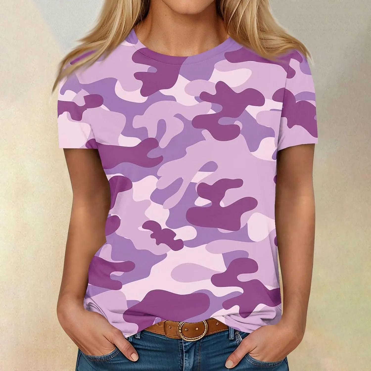 T Shirts for Women Camouflage Print Cute Going Out Tops Short Sleeve Crew Neck Shirts Blouses Casual Clothes Trendy S-5xl