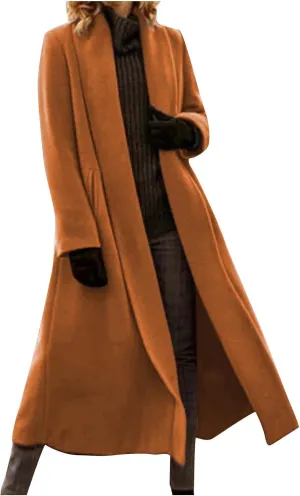 TANGNADE Winter Coats for Women Long Length Wool Jackets Notch Lapel Single Breasted Trendy Casual Long Pea Trench Coat