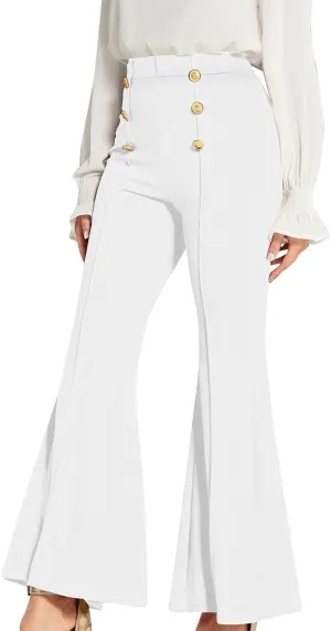 TANGNADE Women's High Waisted Double Breasted Elastic Flared Dress Pants Casual Work Pants Trendy Trouser Suit Pants
