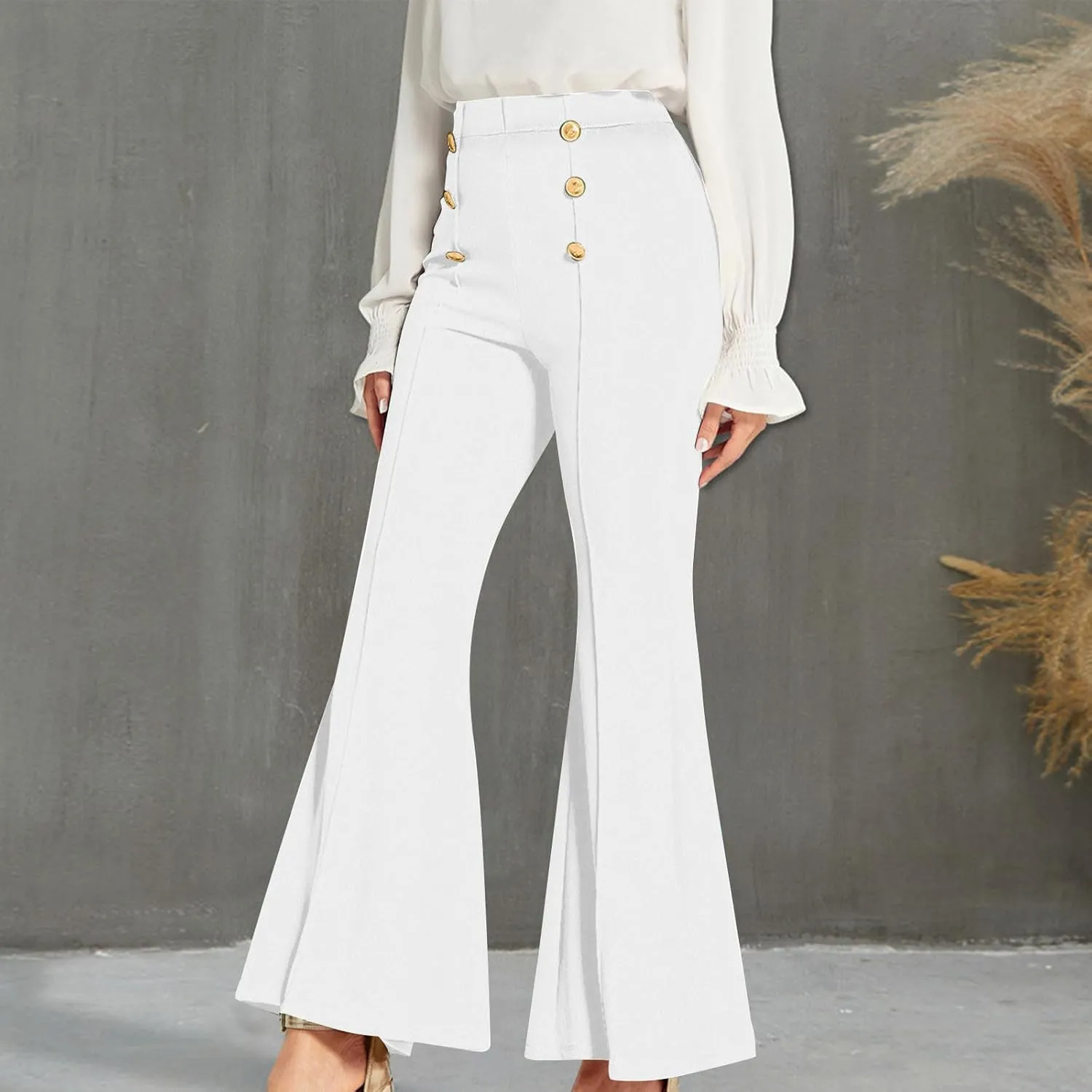 TANGNADE Women's High Waisted Double Breasted Elastic Flared Dress Pants Casual Work Pants Trendy Trouser Suit Pants
